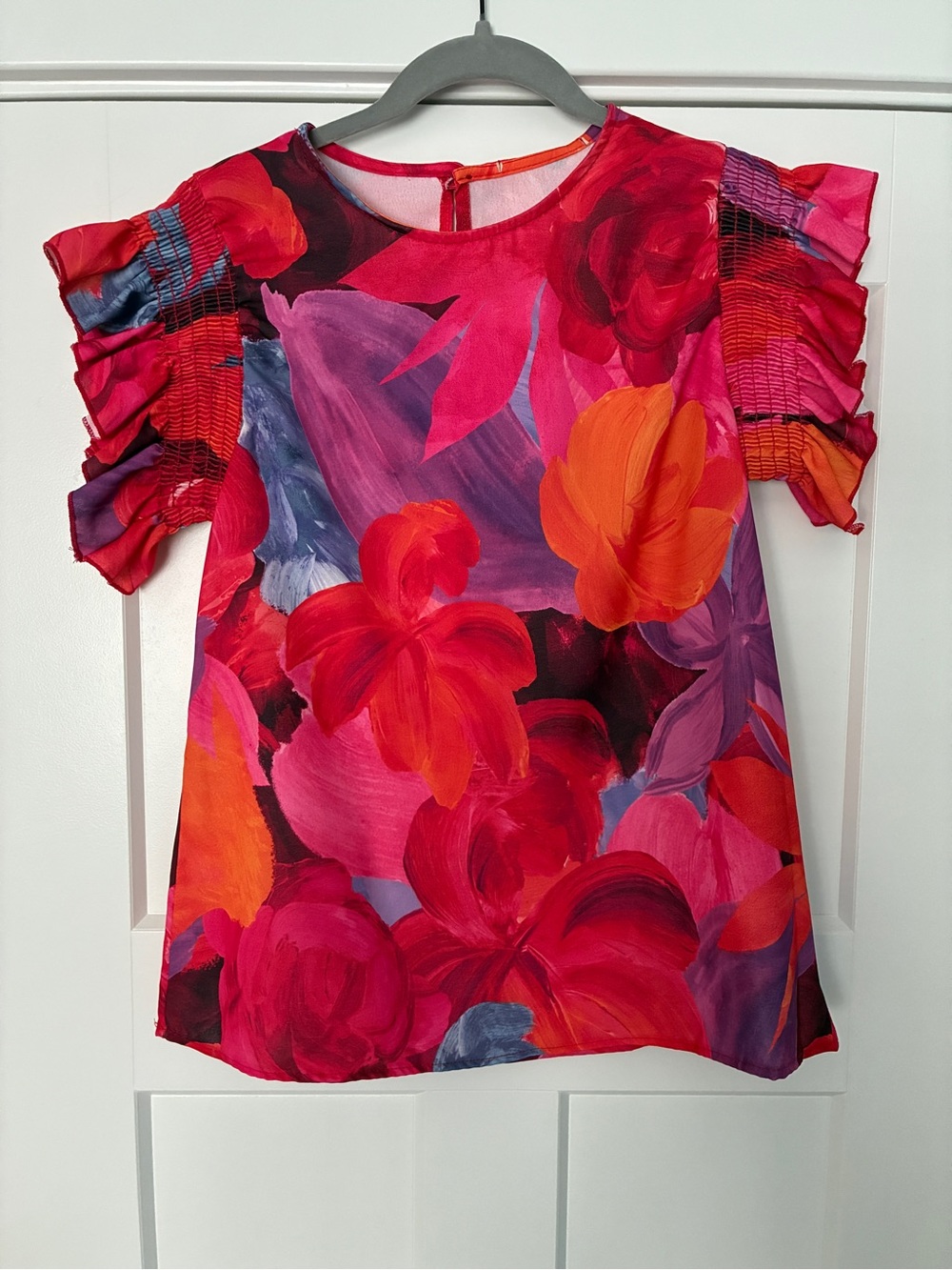 Vibrant Floral Ruffle Sleeve Top - Hot Pink + Red + Orange